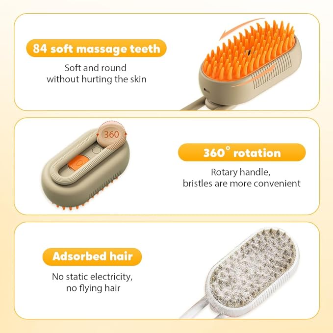 3-In-1 Rechargeable Steamy Cat Brush, Deep Cleaning & Hair Removal System with Rotating Handle, 360° Massage for Cats & Dogs (Mix)