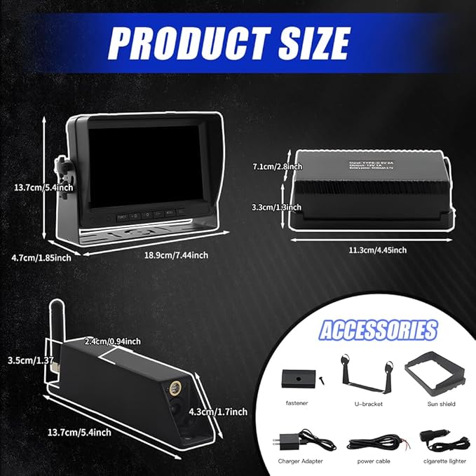 7-inch Forklift Reversing Monitor, HD Night Vision 1080P Magnetic Wireless Reversing Camera, Waterproof IP68, IR Laser Positioning Camera for Forklifts, Vans, Trucks and Trailers