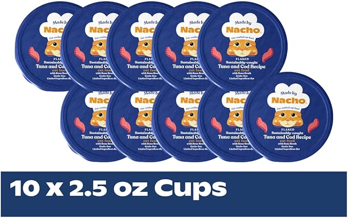 Made by Nacho Wet Cat Food, Minced Tuna and Cod in Bone Broth for Hydration with Prebiotics, High Protein, 2.5oz Cups (10 Pack)