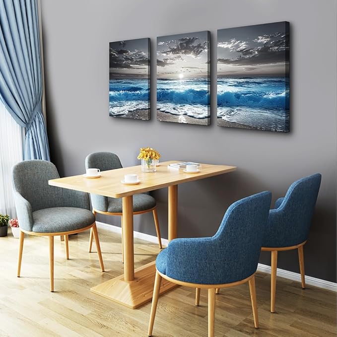 TTHYUEWS Beach Wall Art For Living Room Canvas Wall Decor For Bedroom Office Decorations Blue Sea Wave Paintings Black And White Wall Pictures Artworks Bathroom Canvas Art Modern Home Decor 3 Piece