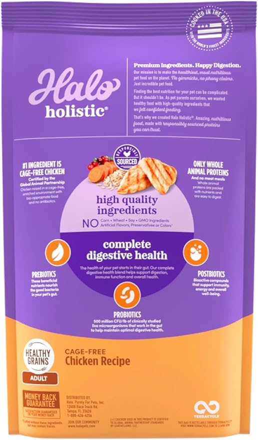 Halo Holistic Cage Free Chicken Cat Food, Healthy Grains Dry Cat Food, Complete Digestive Health, Kibble for Adult Cats, 6 lb Bag