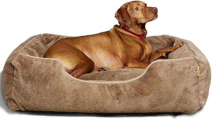 FUZI Luxury Aesthetic Dog Bed for Medium Dogs with Washable Cover, Pet Couch, Pet Bed with Sides, Non-Slip Bottom, Soft and Durable Calming Dog Bed, Faux Rabbit Fur, Medium 31.75x23.6x9.5 Light Brown