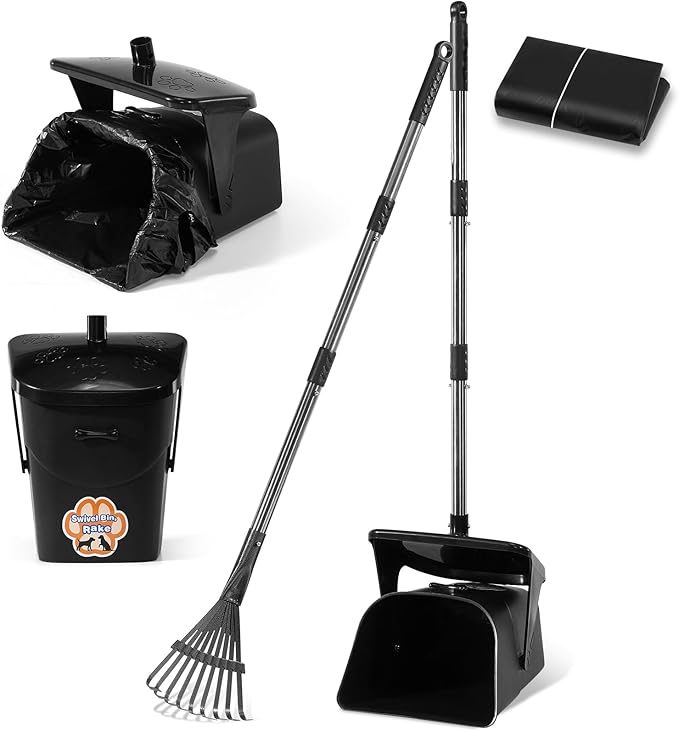 Stainless Steel Dog Pooper Scooper,40" Long Handle Swivel Bin and Rake,20 Waste Bags - Heavy Duty Portable Metal Poop Scooper for Large,Medium and Small Dogs