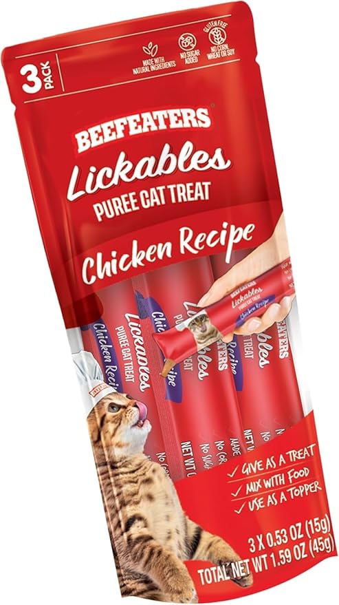 Beefeaters Cat Treats Lickable Puree 1.59oz (12-Pack) – Chicken, Grain-Free, Taurine-Enriched, Ideal for Training & Interactive Feeding