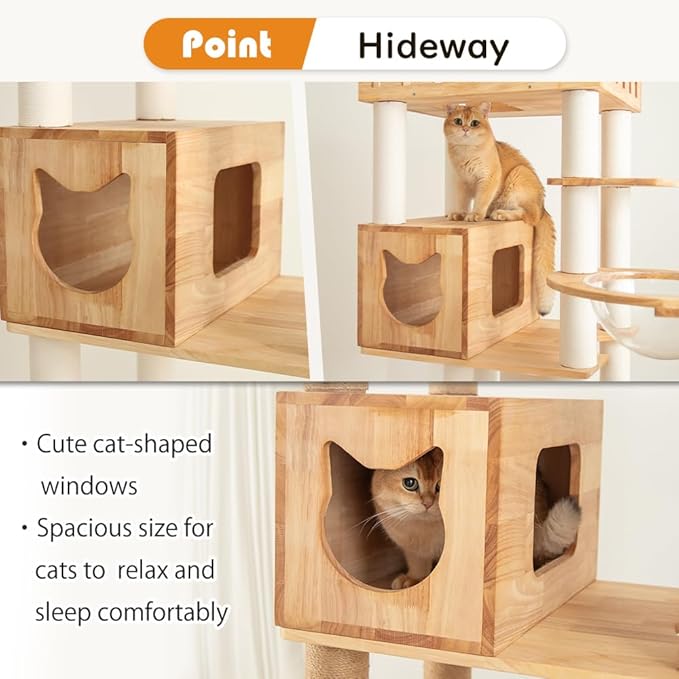 74" Wooden Cat Tree Tower for Large Cats, Multi-Level Cat Climbing Furniture with Scratching Posts, Cat Condo & Hammock, Natural Wood Cat Activity Center (White)