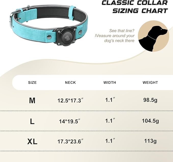 AirTag Dog Collar - Leather Dog Collar with Air Tag Holder | IPX8 Waterproof, Reflective, High - End, Adjustable Soft Padded | Dog GPS Tracker Collars Fit for Medium Large Dogs (Light Blue, XL)