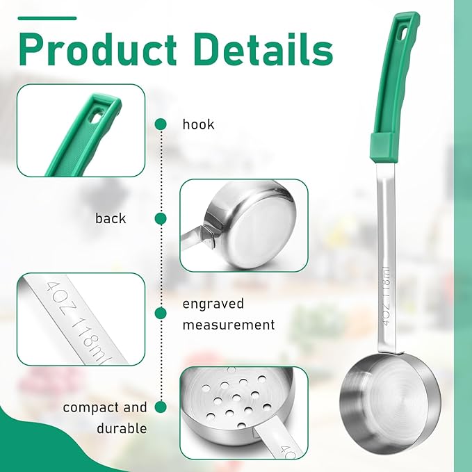 16 Pcs Portion Control Serving Spoons, Restaurant Measuring Serving Ladle Utensils, Portion Control Slotted Scoops for Weight Loss, Solid and Perforated Scoops(Green,4 oz)