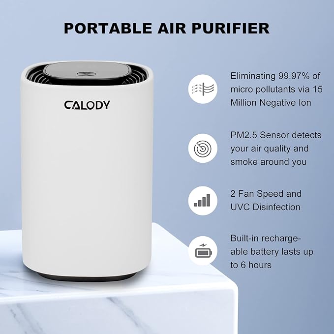 Calody Air Purifiers for Bedroom Home, Car air purifier Ionizer, 15 Million Negative Ions for Smokers, 30dB Quiet Portable Ionic Air Purifiers, Helps Alleviate Allergies, Dust, Home, and Office Use