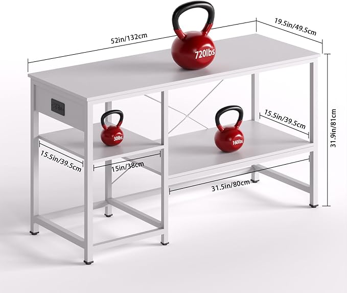 50-75 Gallon Fish Tank Stand with Power Outlet & LED Light, Metal Aquarium Stand with 3 Tier Adjustable Storage Shelves, Tank Stand for Reptile Tank, Turtle Tank, 52" L*19.5" W, White