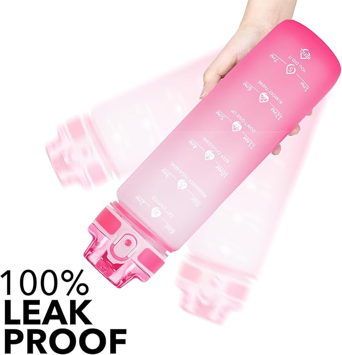 32oz Motivational Water Bottles with Time Marker & Fruit Strainer, Transparent Gradient Color Water Bottle with Times to Drink, Leakproof & BPA Free, Reusable Bottle with Strap (No Straw)