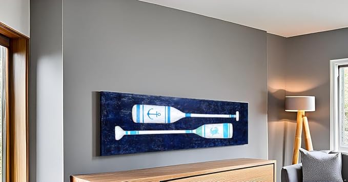 Yihui Arts Coastal Canvas Wall Art - Navy Blue and White Oar Painting for Bedroom Bathroom Decor