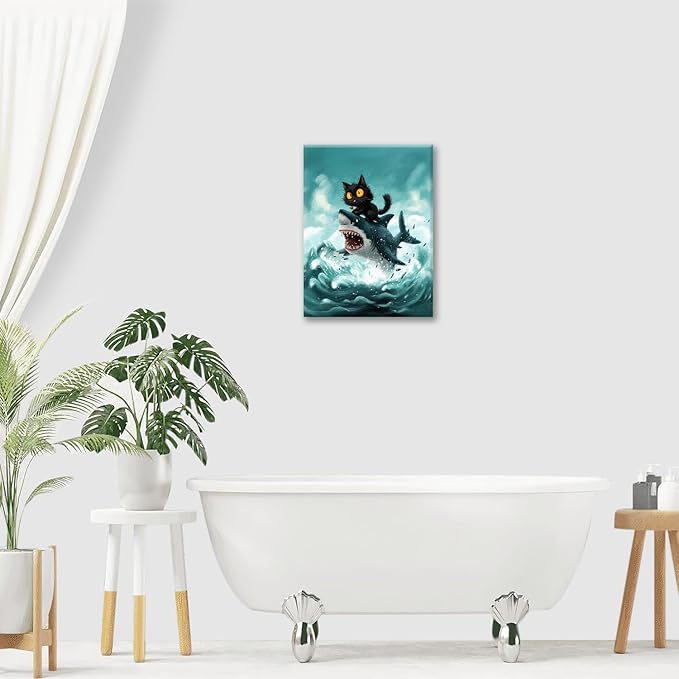 Funny Black Cat Bathroom Wall Art Cute Cat Riding Shark Canvas Wall Decor Animal Kitten Pictures Painting Print Artwork Framed Decorations Gifts for Cat Lover Kids Room Bedroom 12"x16"