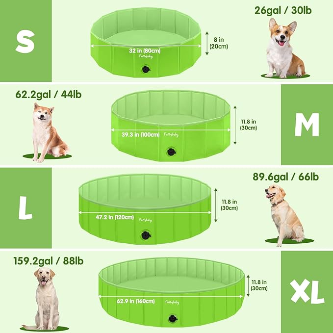 Furrybaby Dog Pool Foldable Dog Pools for Dogs Swimming Pool with Hard Plate Collapsible Pet Bath Pool Kiddie (Green 47'')