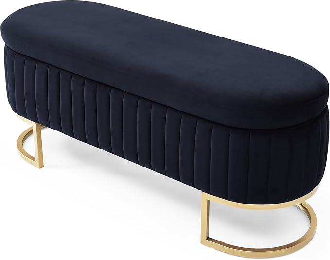 50" Sherpa Storage Ottoman Bench – Velvet Upholstered Bedroom Bench with Golden Metal Legs, Lift-Top Hidden Storage, Modern Footrest for Living Room, Entryway, Bed End (Black)