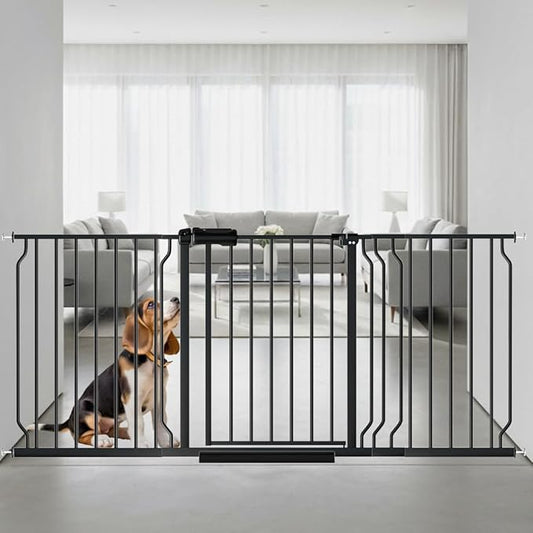 62.2"-71.65" Extra Wide Auto Closing Baby Safety Gate for Stairs & Doorways, Pressure Mounted No Drill Pet Gate with Walk-Through Door - Heavy Duty Childproof Gate for Toddlers, Kids, Dogs (Black)