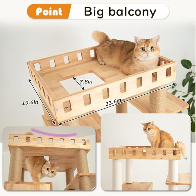 74" Wooden Cat Tree Tower for Large Cats, Multi-Level Cat Climbing Furniture with Scratching Posts, Cat Condo & Hammock, Natural Wood Cat Activity Center (White)