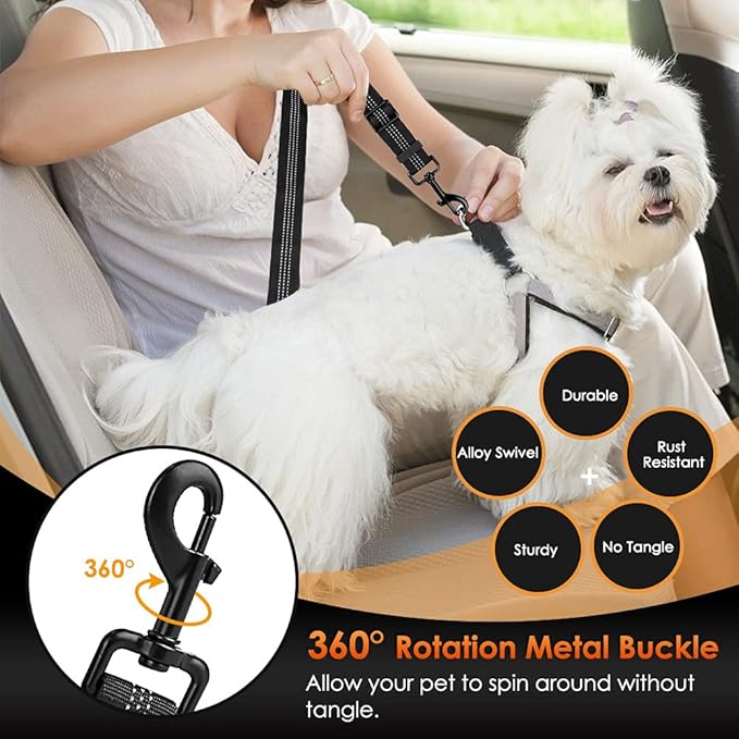 SlowTon Dog Seat Belt, Adjustable Dog Safety Belt Leash, 2 in 1 Latch Bar Attachment Dog Car Seatbelt with Elastic Nylon Bungee Buffer, Reflective Nylon Belt Tether Connect to Dog Harness (Black)