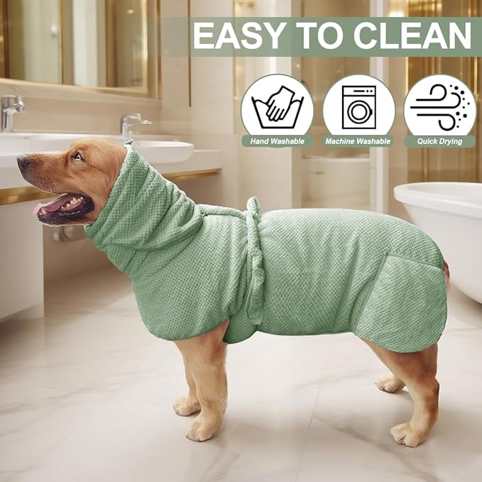 Medium to Large Size Dog Bathrobe, Quick Drying Super Absorbent Used for After Bathing, Warm Dog Towels, Adjustable Hoodies and Belts for Pet Dogs Bath Clothes Products (Green Jacquard, 4XL)