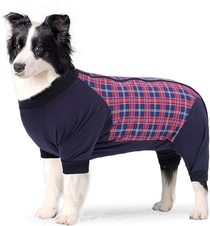 Dog Recovery Suit, Abdominal Wound After Surgery Wear, Anti Licking Bodysuit with Zipper, E-Collar & Cone Alternatives, Plaid Dog Spay Surgical Onesie Prevent Shedding(XL, Red)