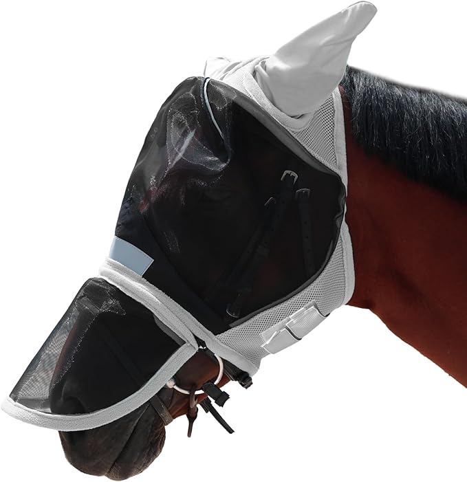 Luminous Horse Fly Mask with Long Nose, Ears, Full Face & Eye Protection - Full Mesh, Detachable Nose Cover, Fleece Padded Edging, Hook-and-Loop Straps with Webbing, Hanging Straps Grey