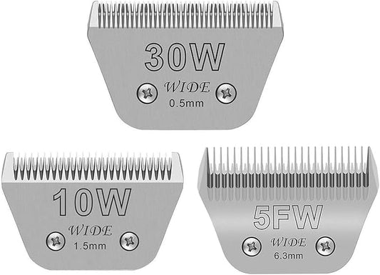 3PCS Wide Blades for Dog Grooming Blades Compatible with Andis,Oster A5,Wahl km10 Dog Clippers Stainless Steel Blades Blades for Animal Dog,Cat,Horse,Silver Size #10W+30W+5FW