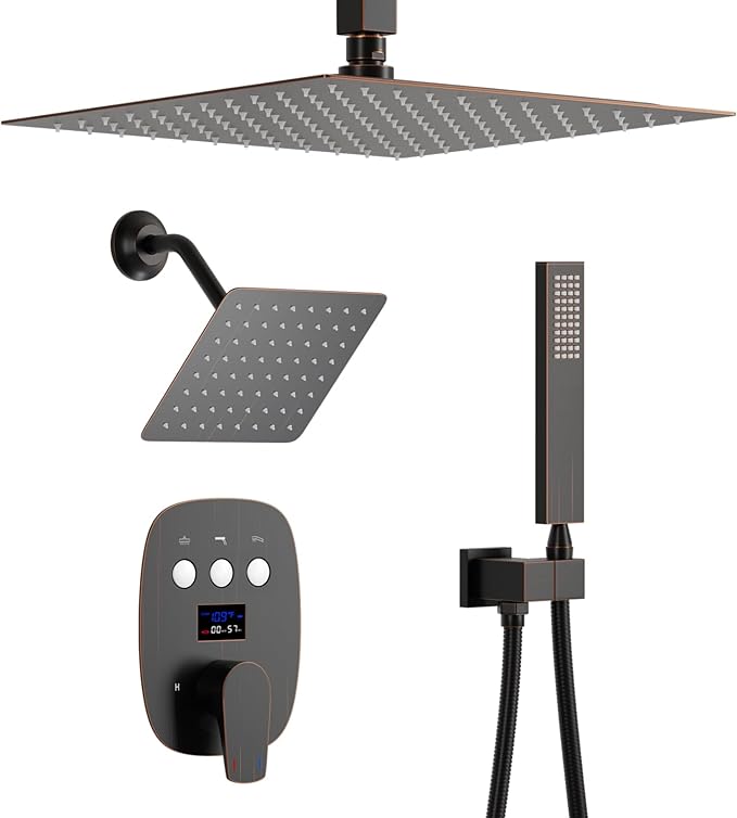 Oil Rubbed Bronze Shower System Digital Display Shower Set with Handheld Spray, 12 inch Ceiling Mounted Shower Head and 8 inch Wall Mounted Shower Head