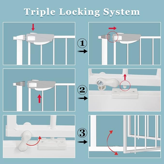 WAOWAO Triple Lock Baby Gate Extra Wide 31.1-35.04" Pressure Mounted Walk Through Swing Auto Close Safety White Metal Dog Pet Puppy for Stairs,Doorways,Kitchen