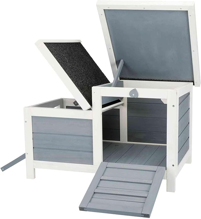 TRIXIE natura Small Animal House - Outdoor/Indoor Rabbit Hideout with Hinged Roof & Raised Floor - Solid Wood House with 2 Entry Ramps, Weather-Resistant Home for Bunnies & Guinea Pigs - in Gray