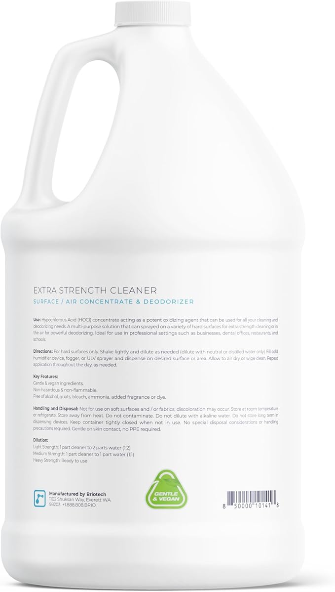 BRIOTECH Extra Strength HOCl Cleaner, 500 PPM Hypochlorous Acid Concentrate, ULV Foggers & Humidifiers, Professional Deodorizer for Dental, Offices, Schools, Homes, Peroxide Free, 1 Gallon (4 Pack)