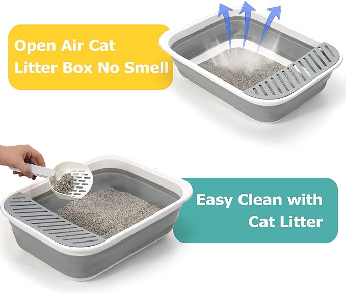 Foldable Cat Litter Box, Large Height-Adjustable Anti-Splash Open Air Kitty Litter Pan, Easy Clean with Scoop (Gray)