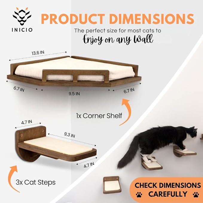 INICIO Cat Wall Shelves - Modern and Durable 3 Step Cat Furniture for Wall - Stylish Birch Floating Shelf for Cats up to 15lbs - Wooden Corner Shelves with Cushioned Perch - Brown