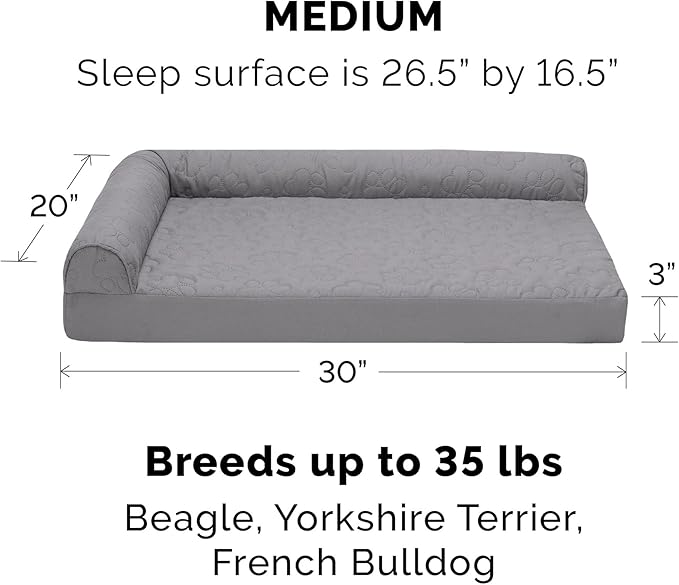Furhaven Cooling Gel Dog Bed for Medium/Small Dogs w/ Removable Bolsters & Washable Cover, For Dogs Up to 35 lbs - Pinsonic Quilted Paw L Shaped Chaise - Titanium, Medium