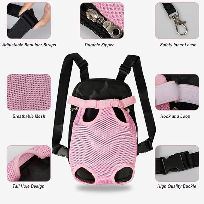 FEimaX Dog Carrier Backpack Pet Legs Out Front Cat Travel Bag, Adjustable Puppy Backpacks Carriers Hands-Free for Small Medium Dogs Cats Hiking Traveling Camping Daily Walking (Medium, Pink)