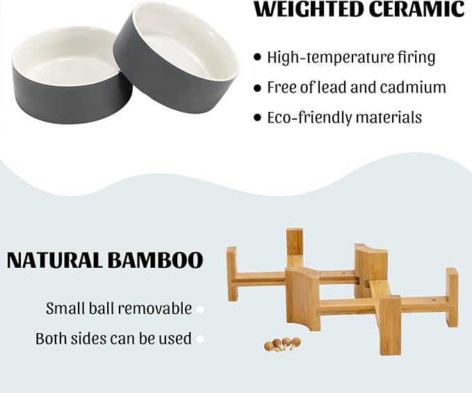 SPUNKYJUNKY 15° Slanted Ceramic Dog and Cat Bowl with Wooden Stand, Tilted Bulldog Food and Water Bowl No Slip Non-Spill for Cats Medium Dogs Big Face Pets 28.7 OZ (3.6 Cups, White-Grey × 2)