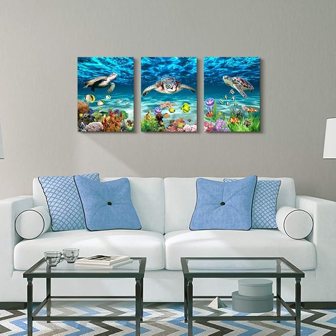 AHUASJART Canvas Wall Art for Living Room family Wall decor for Bedroom Bathroom Wall Decoration blue Ocean Sea Turtle Paintings Modern shark Pictures Artwork office Ready to Hang 12" x 16" 3 Piece