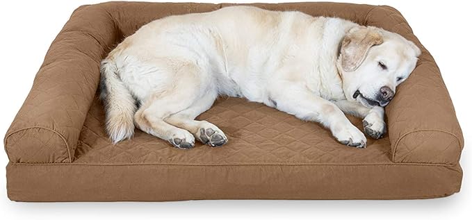 Furhaven Cooling Gel Dog Bed for Large Dogs w/ Removable Bolsters & Washable Cover, For Dogs Up to 95 lbs - Quilted Sofa - Toasted Brown, Jumbo/XL