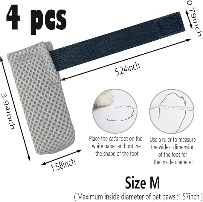 4 PCS Cat Mittens to Prevent Scratching,Mesh Breathable Cat Shoes,Adjustable Cats Anti Scratch Gloves,Suitable for Cats When Bathing and Nail Trimming(M,Grey)