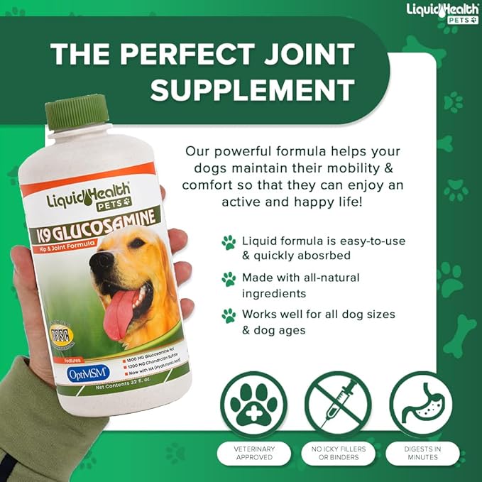 LIQUIDHEALTH Pets K9 Glucosamine Chondroitin Supplement for Dogs & Puppies & Joint Purr-Fection Hip & Joint Glucosamine Drops for Cats & Kittens - Pet Health Supplement Bundle for Mobility, USA Made
