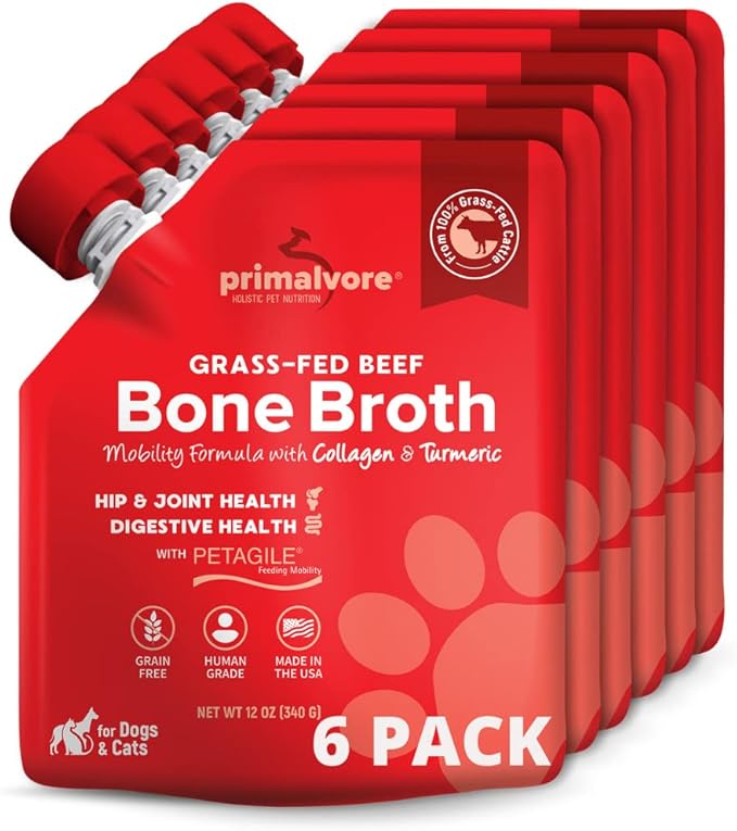 Primalvore Grass-Fed Beef Bone Broth for Dogs &Cats, Mobility Formula w/Collagen Peptides to Help Support Hip & Joints, Digestion, Skin & Coat and Hydration, Human Grade, Made in USA. Beef 6 Pack