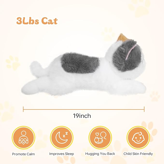 19 inch 3 lbs Cat Weighted Stuffed Animals, Realistic Weighted Cat Stuffed Animal, Sensory Comfort Plush Throw Pillow, Soft Kawaii Kitty Plush Toy Gift for Adults Kids Youth