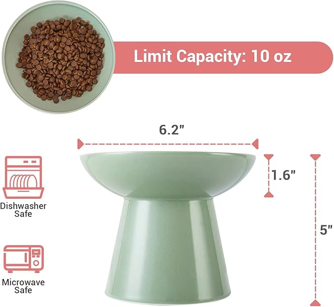 Extra Wide Elevated Ceramic Cat Food Bowl - 6.2" Shallow Dish for Whisker Fatigue Relief, 5" Height for Easy Feeding, Lead & Cadmium Free, Durable Raised Cat Food Bowls, Sage Green