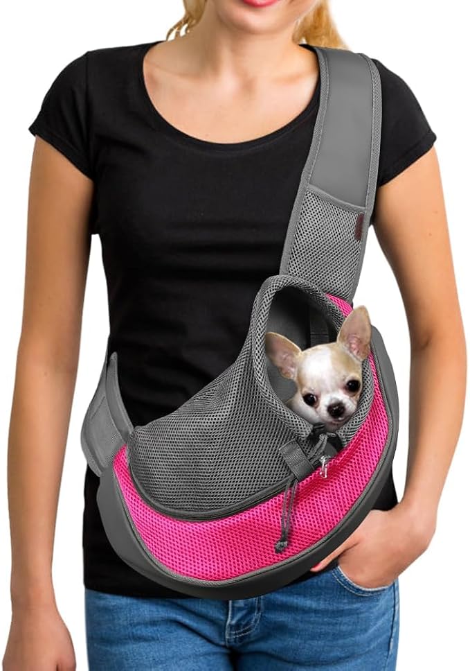 YUDODO Pet Sling Carrier for Small Dogs & Cats – Hands-Free Puppy Carrier with Safety Hook, Large Zipper Pocket, Soft Breathable Mesh, Adjustable Strap & Reflective Strip (Pink 1.0 L)