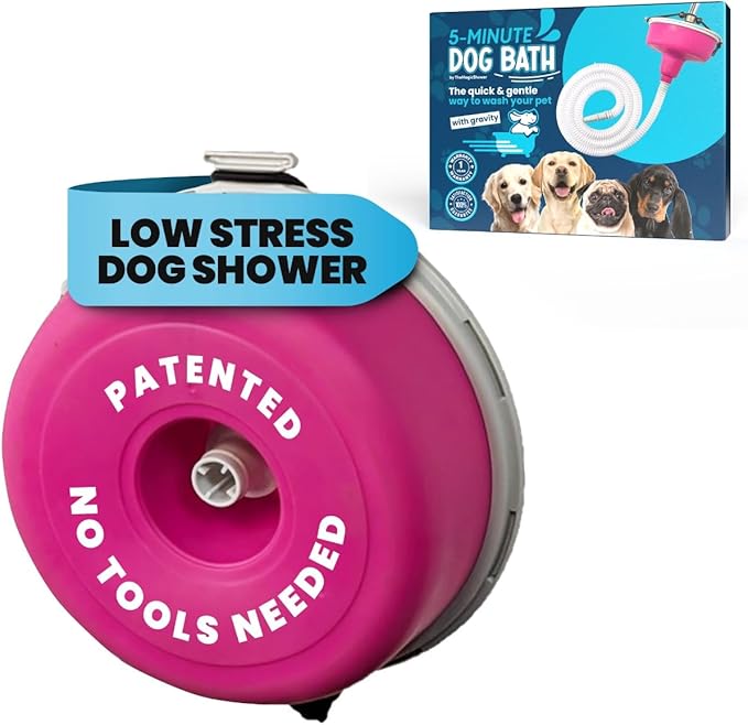 5-MinutePetBath Dog Bath Hose Attachment - Shower Head Accessory for Dog Washing - Low Stress Pet Shower - Portable Wash Station for Grooming, Rinse & Cleaning - Attachable Bathing Essential - Pink