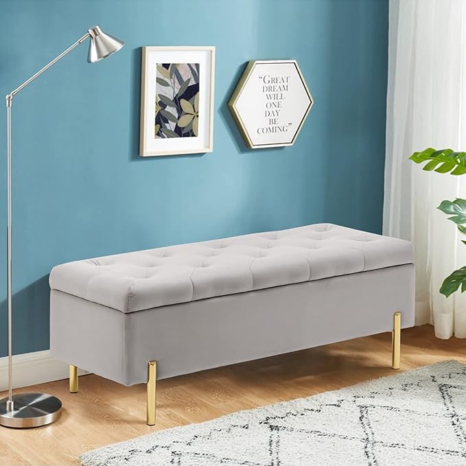 Velvet Storage Bench Ottoman with Soft Close Lid, End of Bed Bench Upholstered Fabric Storage Ottoman Bench for Bedroom Entryway Living Room, Grey