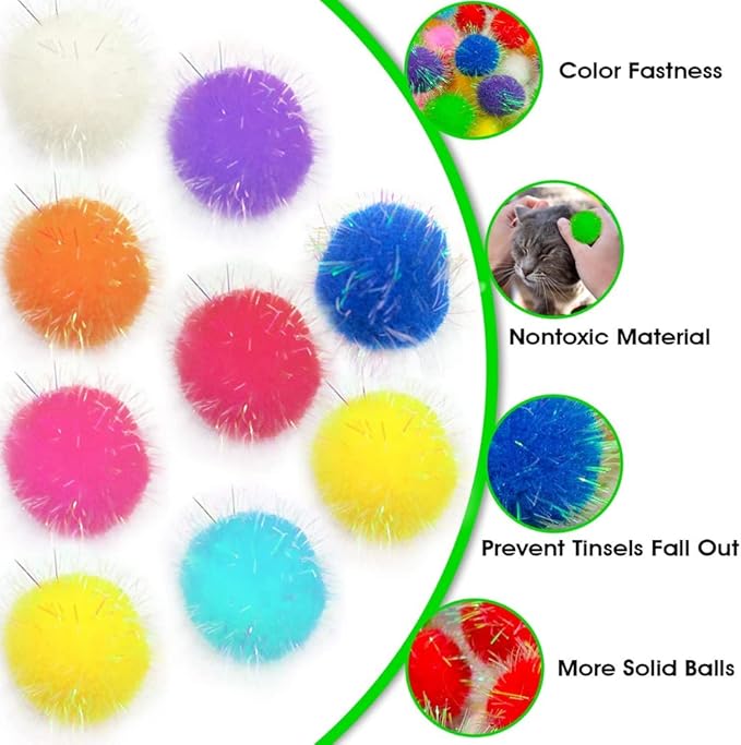 20 Pieces 2 inches Sparkle Pom Pom Balls for Cat - Interactive Glitter Balls, Multicolor, Best as Kitten Play Toys
