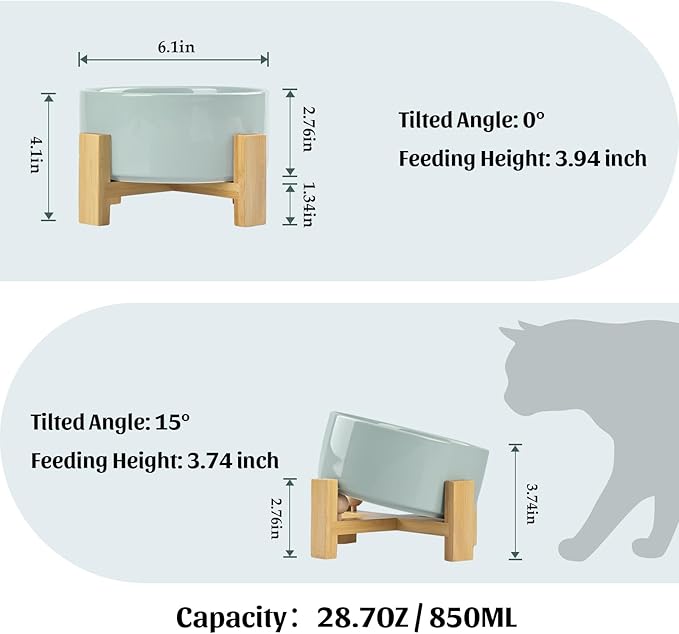 SPUNKYJUNKY 15° Slanted Ceramic Dog and Cat Bowl with Wooden Stand, Tilted Bulldog Food and Water Bowl No Slip Non-Spill for Cats Medium Dogs Big Face Pets 28.7 OZ (3.6 Cups, Morandi Green)