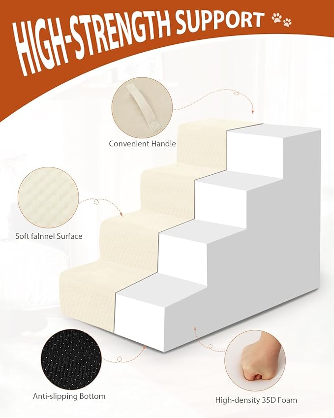 Dog Stairs for Small Dogs,22" H,5-Step Dog Steps for High Bed Couch and Sofa,Pet Stairs for Dogs and Cats Climbing with Non-Slip Bottom and Washable Cover,Beige
