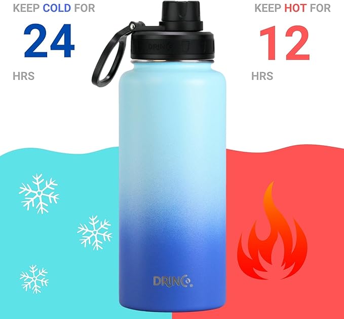 DRINCO Stainless Steel Water Bottle Spout Lid Vacuum Insulated Double Wall Water Bottle Wide Mouth (40oz 32oz 22oz 18oz 14oz) Leak Proof Keeps Cold or Hot (32 oz, 32oz Morning Sky Blue)