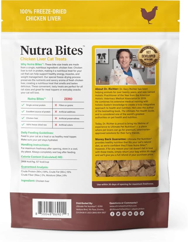 ULTIMATE PET NUTRITION Nutra Bites for Cats, Freeze Dried Raw Treats, Single Ingredient, Grain Free, (2.5oz, Chicken Liver)