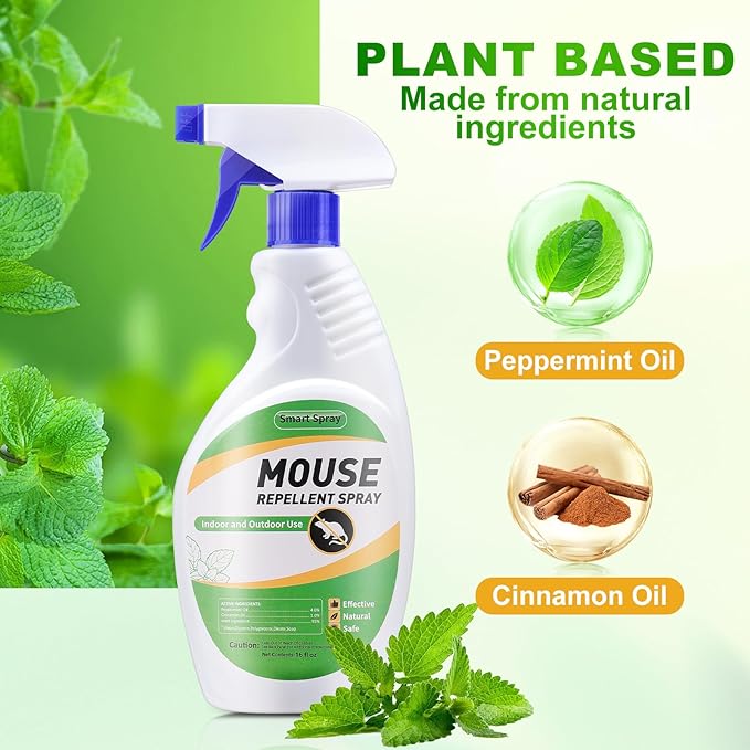 Mouse and Insect Repellent Spray 16 OZ * 2, Peppermint Oil Rodent and Insect Repellent Spray for Rodent and Mouse, Safe for Indoor, Outdoor, and Car Engines